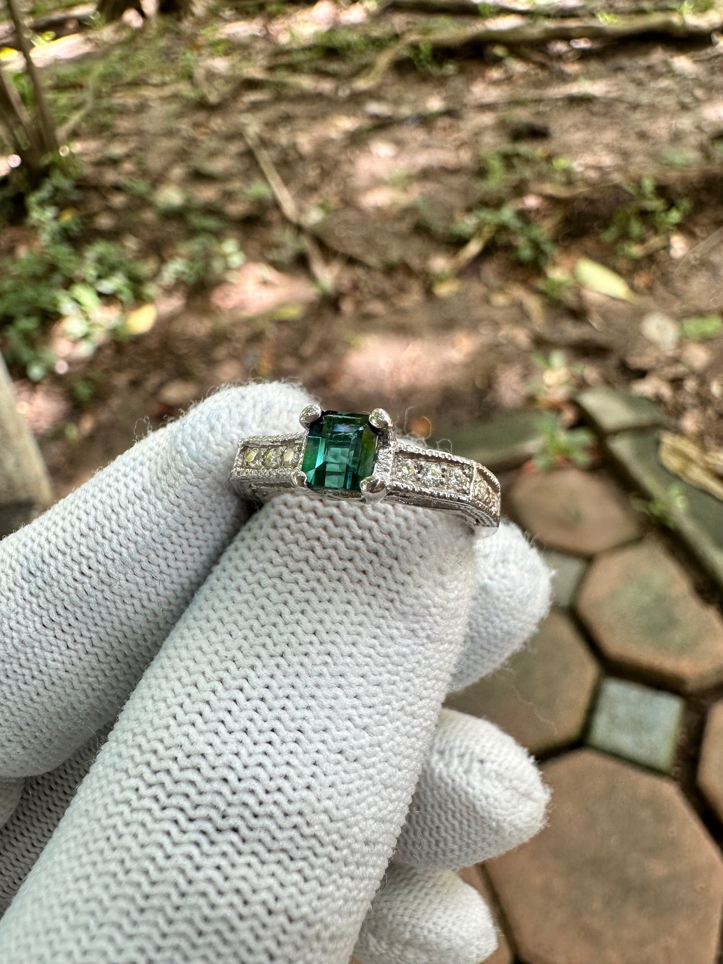 925 Silver Rhodium-Plated Ring with Bluish-Green Afghan Tourmaline and Moissanite Accent