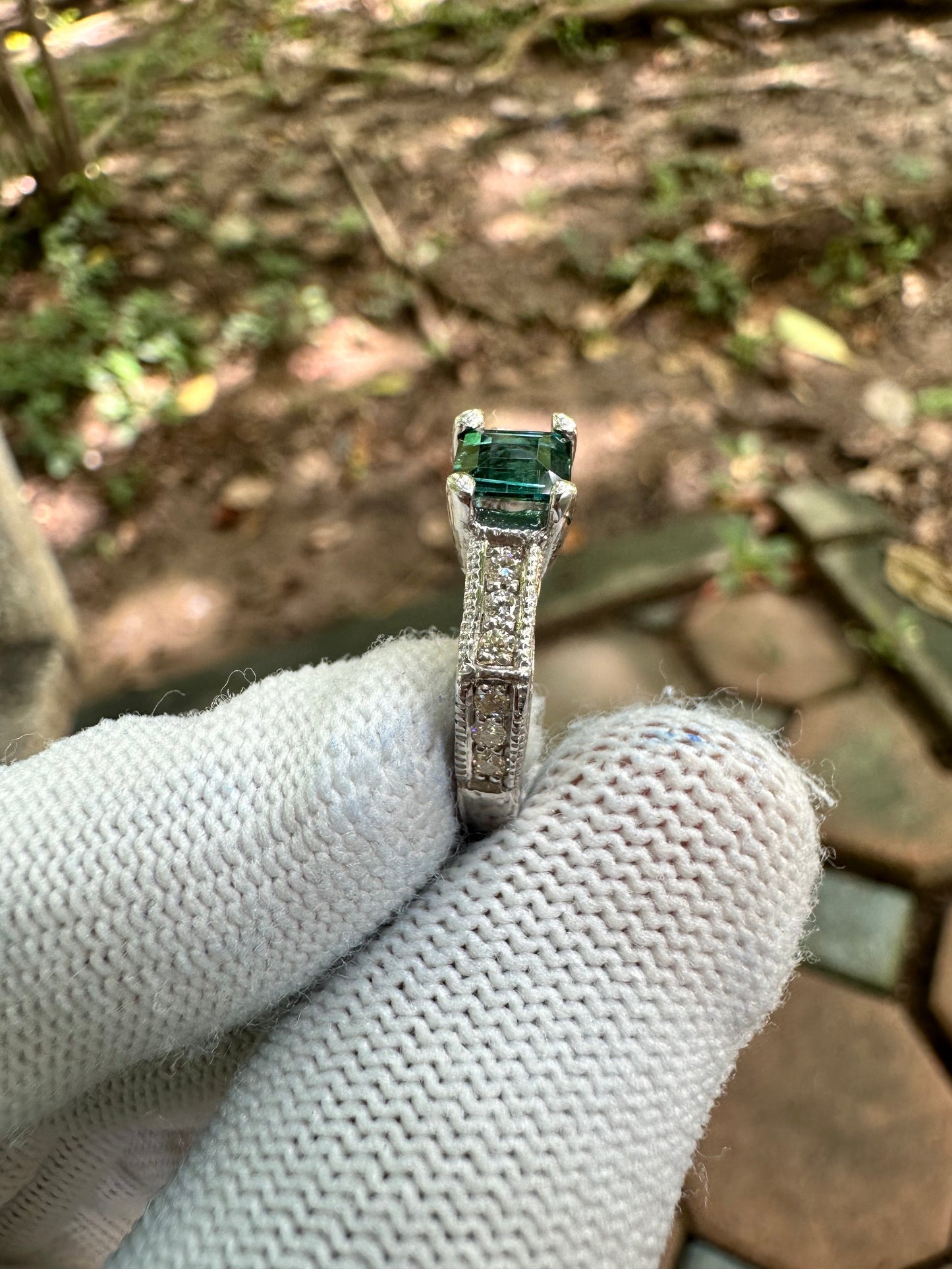 925 Silver Rhodium-Plated Ring with Bluish-Green Afghan Tourmaline and Moissanite Accent