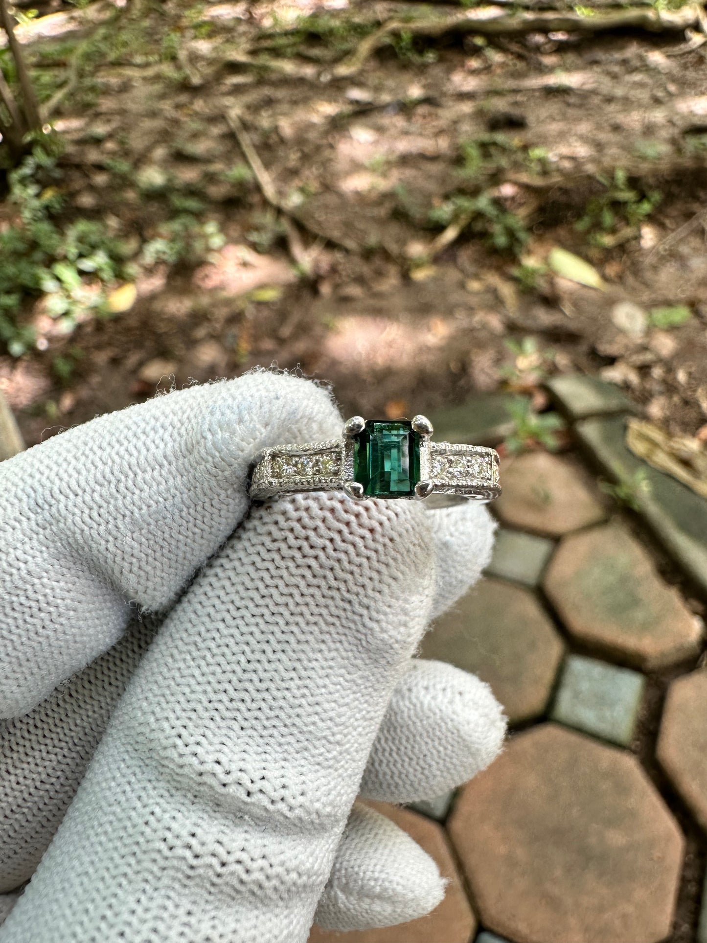 925 Silver Rhodium-Plated Ring with Bluish-Green Afghan Tourmaline and Moissanite Accent