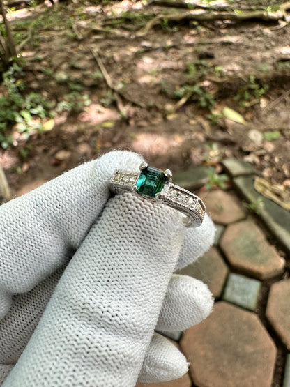 925 Silver Rhodium-Plated Ring with Bluish-Green Afghan Tourmaline and Moissanite Accent