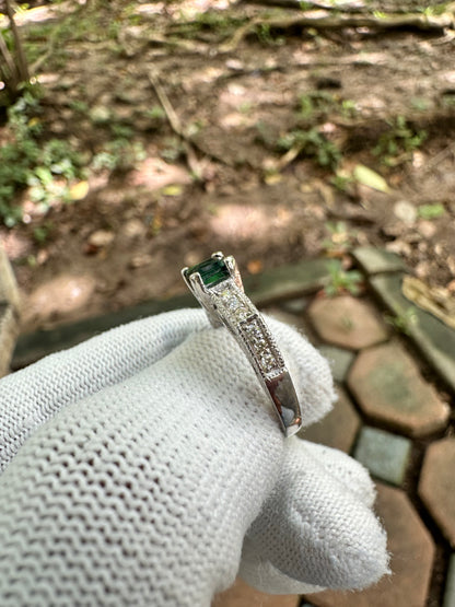 925 Silver Rhodium-Plated Ring with Bluish-Green Afghan Tourmaline and Moissanite Accent