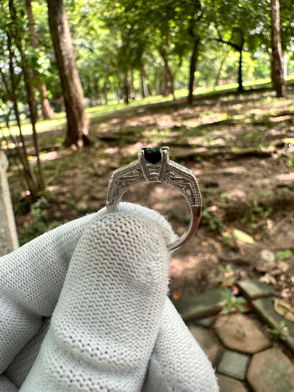 925 Silver Rhodium-Plated Ring with Bluish-Green Afghan Tourmaline and Moissanite Accent