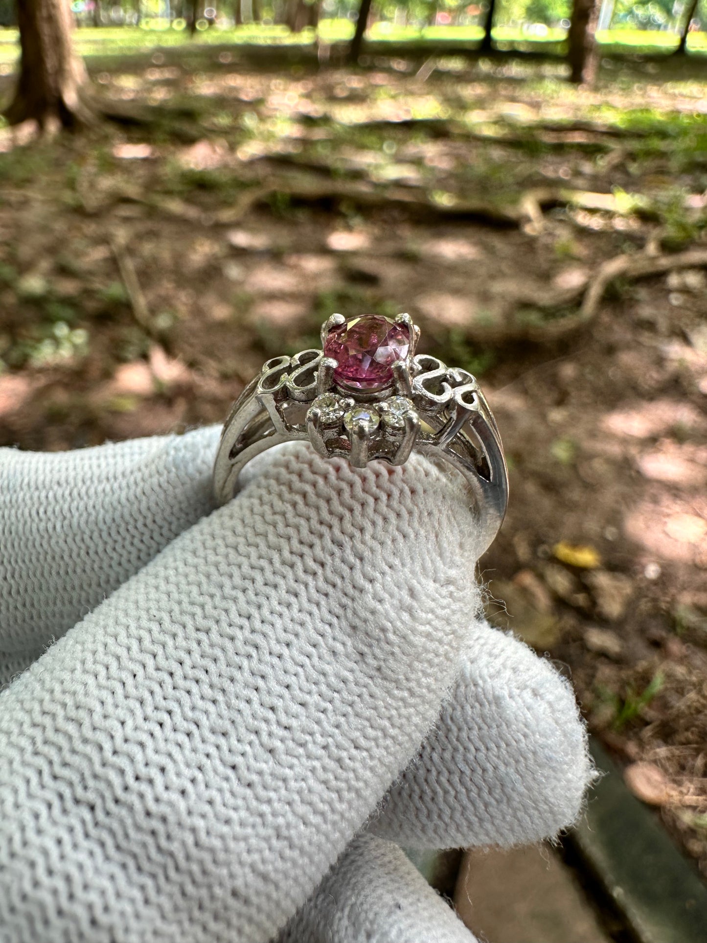 925 Silver Rhodium-Plated Ring with Reddish Pink Afghan Tourmaline and Moissanite Accent