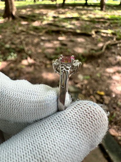 925 Silver Rhodium-Plated Ring with Reddish Pink Afghan Tourmaline and Moissanite Accent