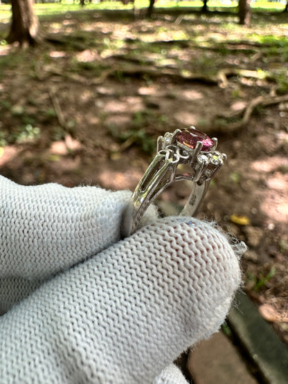 925 Silver Rhodium-Plated Ring with Reddish Pink Afghan Tourmaline and Moissanite Accent