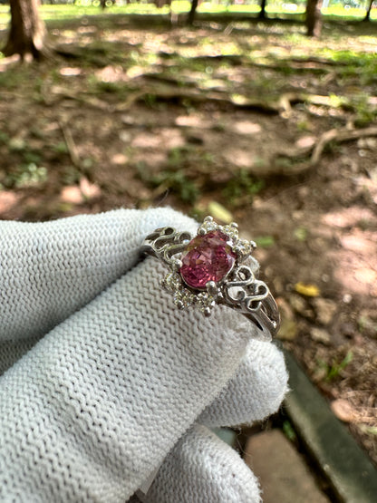 925 Silver Rhodium-Plated Ring with Reddish Pink Afghan Tourmaline and Moissanite Accent