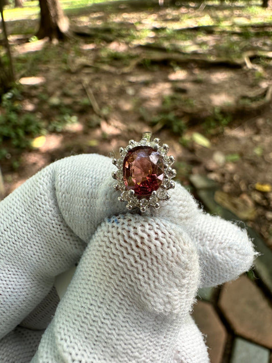 925 Silver Rhodium-Plated Ring with Orangey Pink Afghan Tourmaline and Moissanite Accent