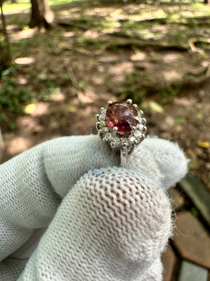 925 Silver Rhodium-Plated Ring with Orangey Pink Afghan Tourmaline and Moissanite Accent