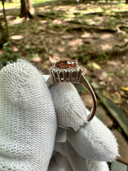 925 Silver Rhodium-Plated Ring with Orangey Pink Afghan Tourmaline and Moissanite Accent