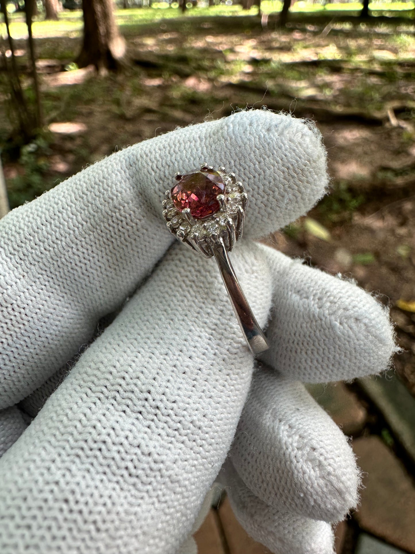 925 Silver Rhodium-Plated Ring with Orangey Pink Afghan Tourmaline and Moissanite Accent