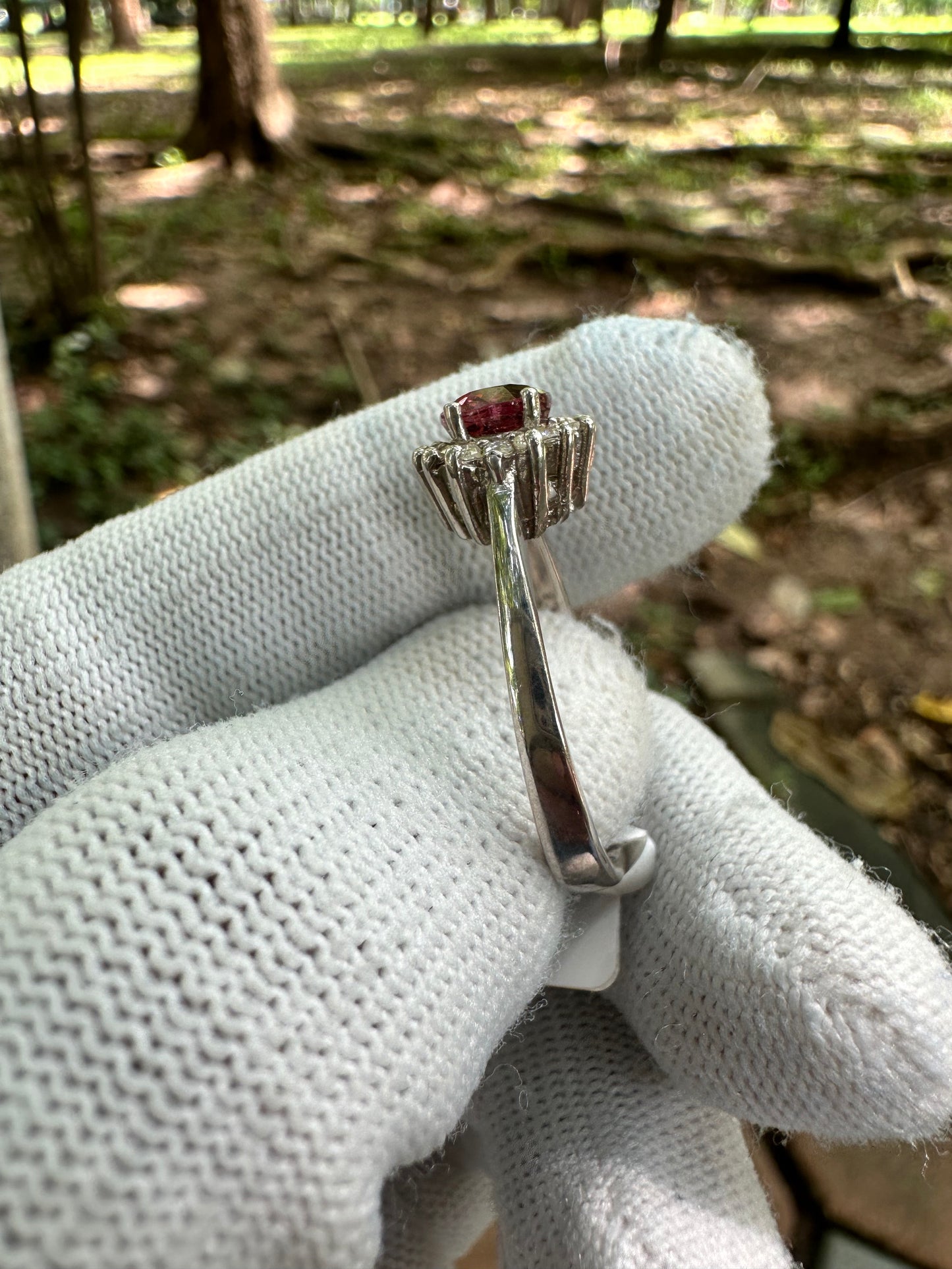 925 Silver Rhodium-Plated Ring with Orangey Pink Afghan Tourmaline and Moissanite Accent